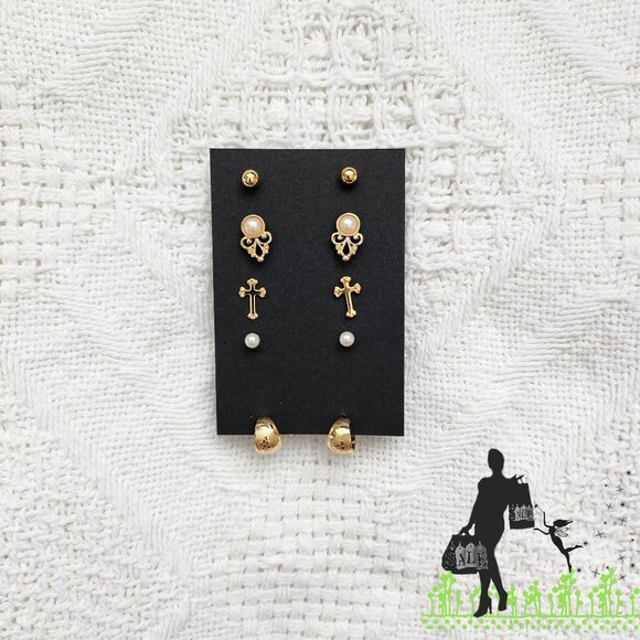 BFD Gold Toned Earring Set-Cross&Pearls Theme - Picture 1 of 5